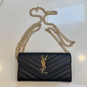 YSL Black Quilted Long Envelope Wallet on Chain